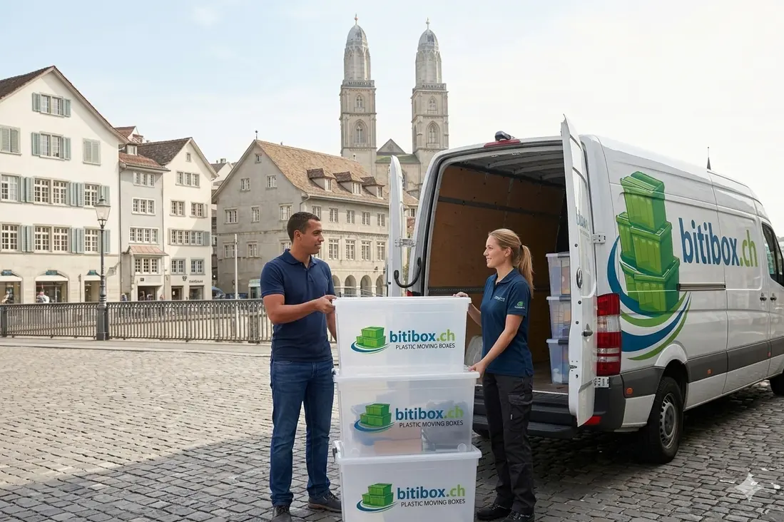 Lieferwagen bringt Umzugsboxen zu einem Haus